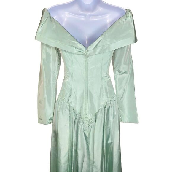 Vintage Light Blue/Teal Off-The-Shoulder Satin Bridesmaid Formal Gown - Picture 6 of 8